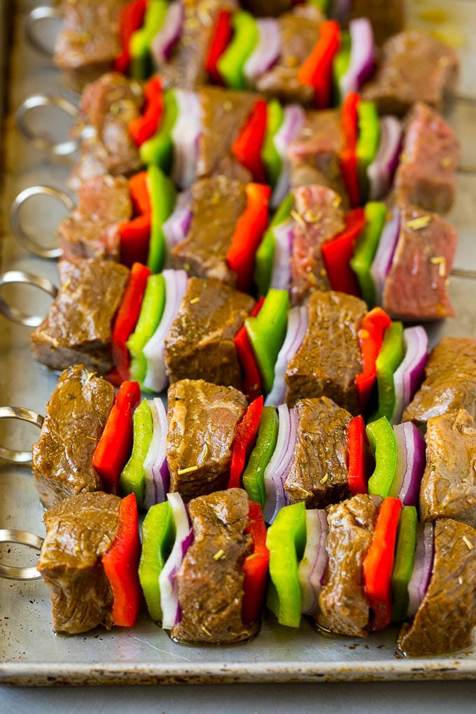 Beef Shish Kabobs Recipe | Beef Kabobs #grilling #beef #steak #dinner #sadud #peppers Raw beef skewered with peppers and onions.
