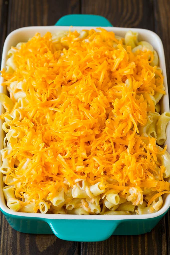Southern Mac and Cheese | Baked Macaroni and Cheese #pasta #macandcheese #dinner #comfortfood #cheese #sadud A dish full of Southern macaroni and cheese ready to be served.