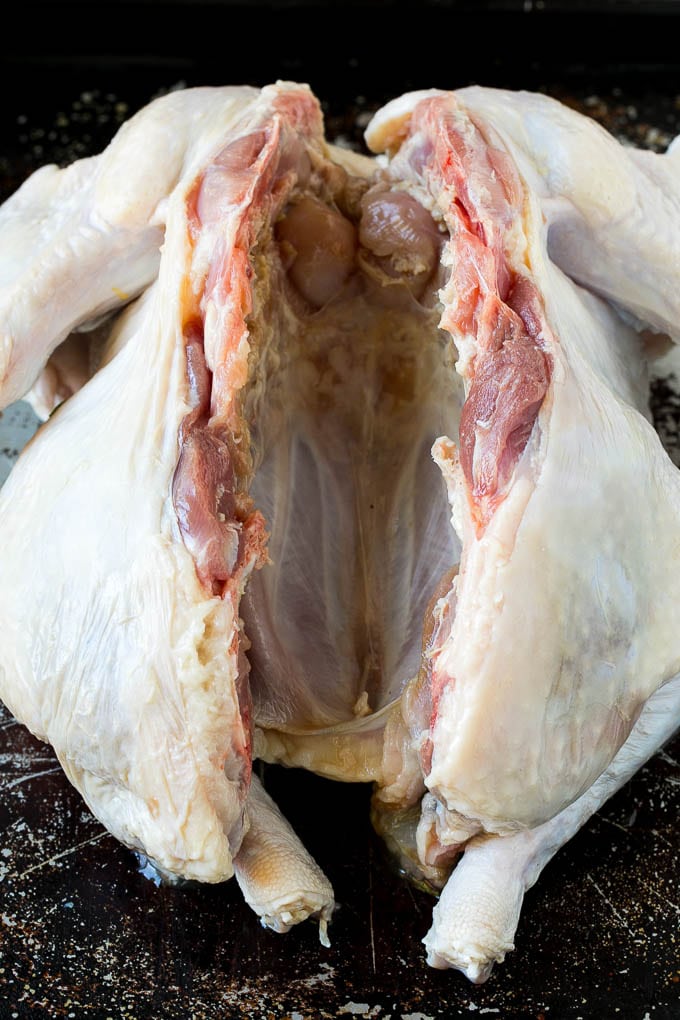 Spatchcock Turkey | Roasted Turkey | Thanksgiving Turkey #turkey #thanksgiving #dinner #fall #christmas #sadud Raw poultry with the backbone cut out.