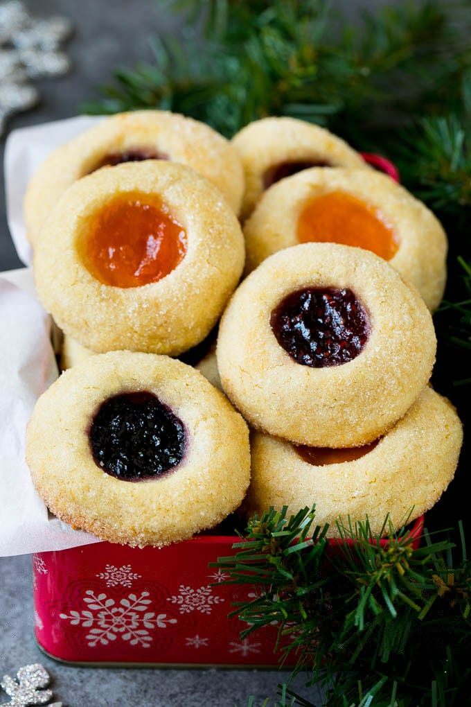 Thumbprint Cookies | Sugar Cookies #cookies #baking #christmas #dessert #sadud Thumbprint cookies in a tin for gift giving.