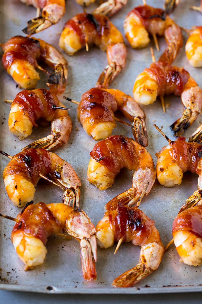 Bacon Wrapped Shrimp Recipe | Bacon Shrimp #shrimp #bacon #appetizer #dinner #sadud #seafood Roasted shrimp with a piece of bacon around each one.