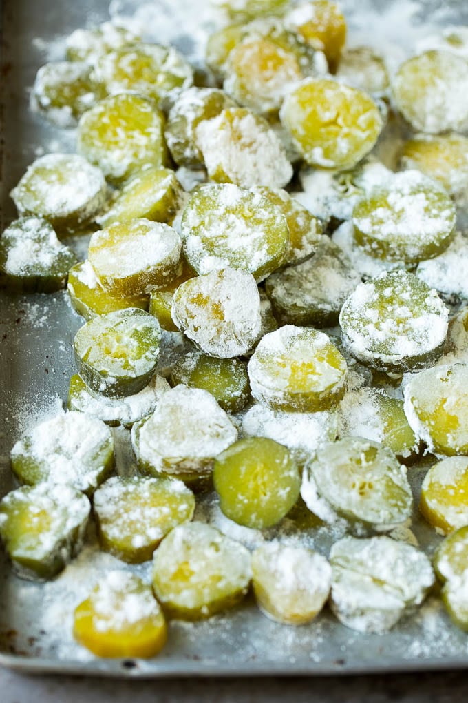 Fried Pickles Recipe #pickles #appetizer #snack #sadud Pickle slices coated in flour.