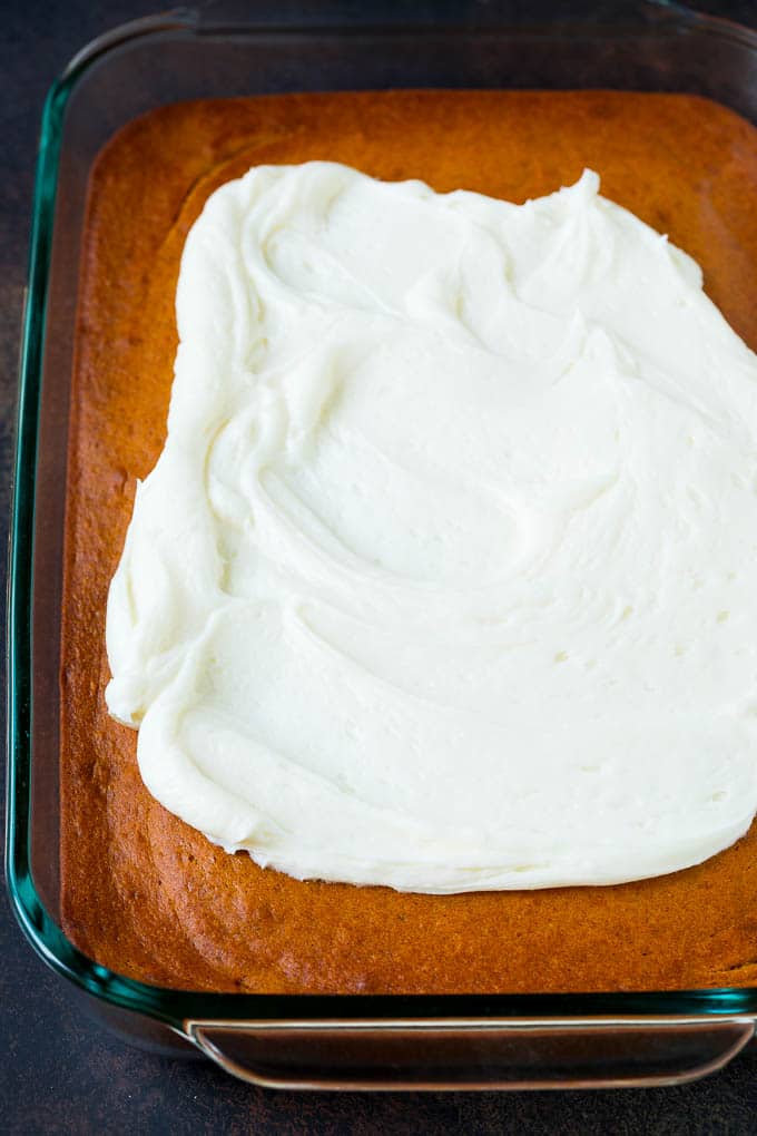 Pumpkin Cake Recipe | Pumpkin Spice Cake #cake #pumpkin #dessert #baking #fall #thanksgiving #sadud Cream cheese frosting on a fall base.