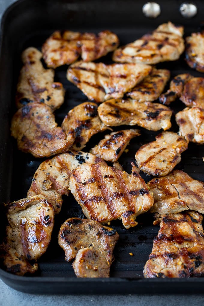 Bahn Mi Sandwich Recipe #sandwich #pork #lunch #dinner #sadud Thinly sliced pork on a grill pan.