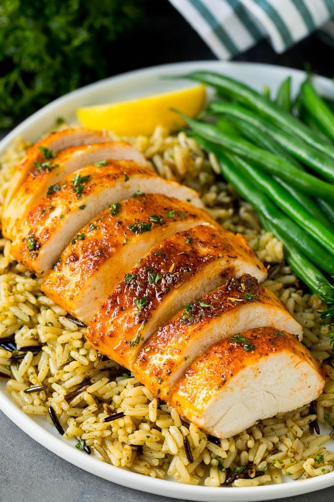 Baked Chicken Breast Recipe #chicken #dinner #sadud Baked chicken breast served with rice and green beans.