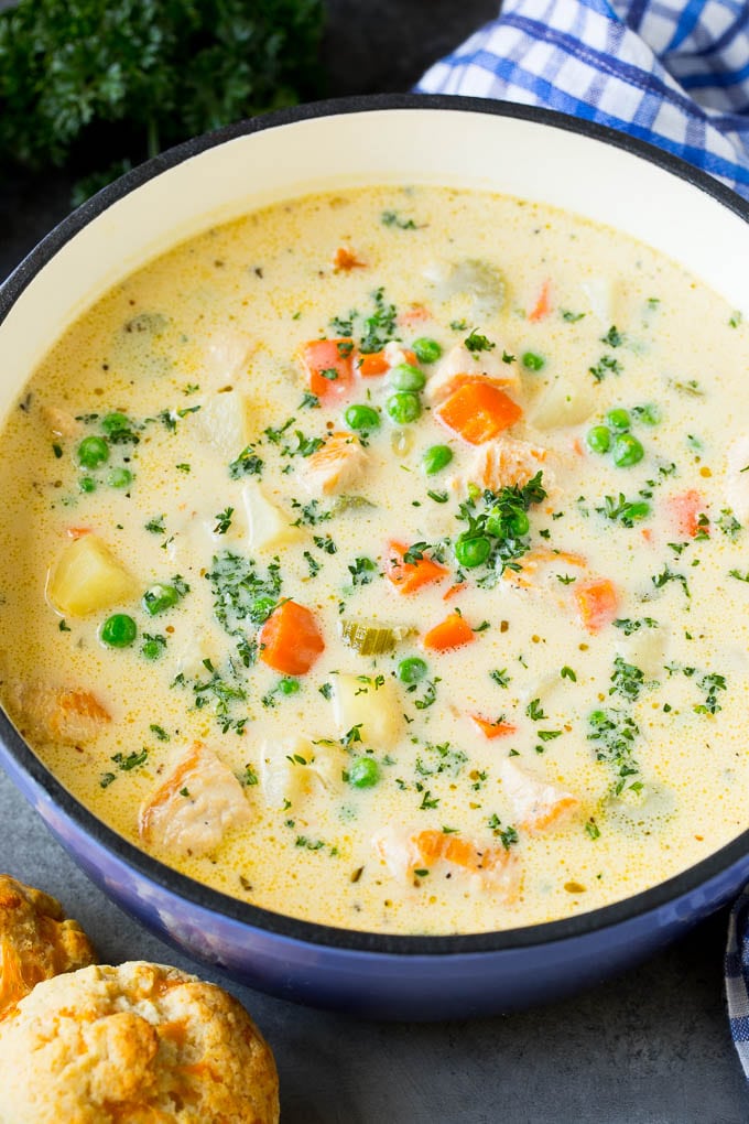 Chicken Pot Pie Soup Recipe | Chicken Soup #soup #chicken #dinner #comfortfood #sadud Creamy chicken pot pie soup served with biscuits on the side.