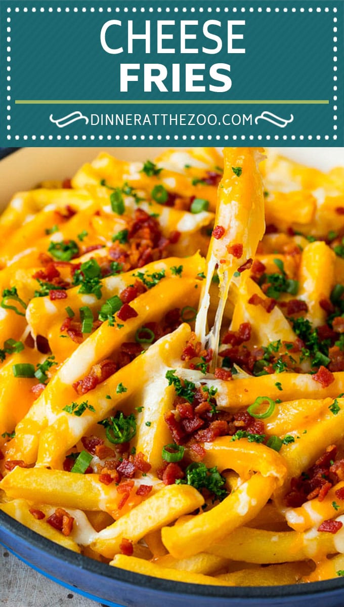 These cheese fries are crispy potatoes topped with plenty of melted cheese, bacon and herbs. #fries #sadud