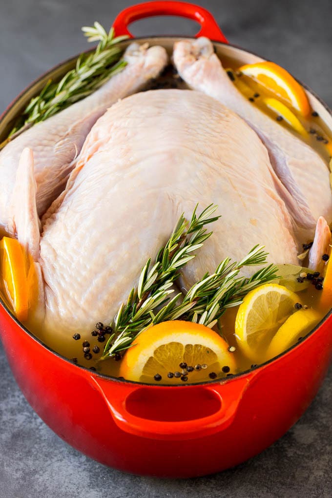 This is a complete guide on how to cook a turkey. A turkey in a pot of brine.