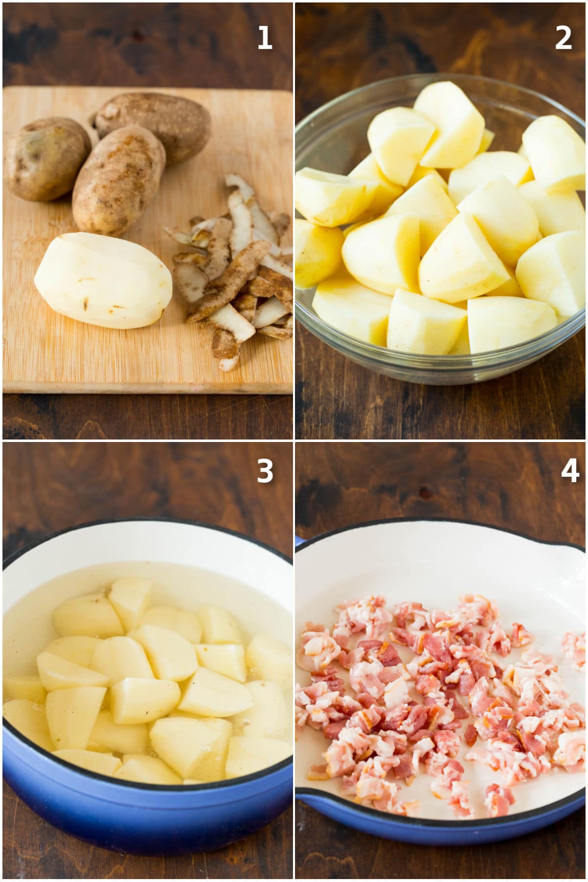 Process shots of potatoes being peeled and boiled, and bacon in a pan.