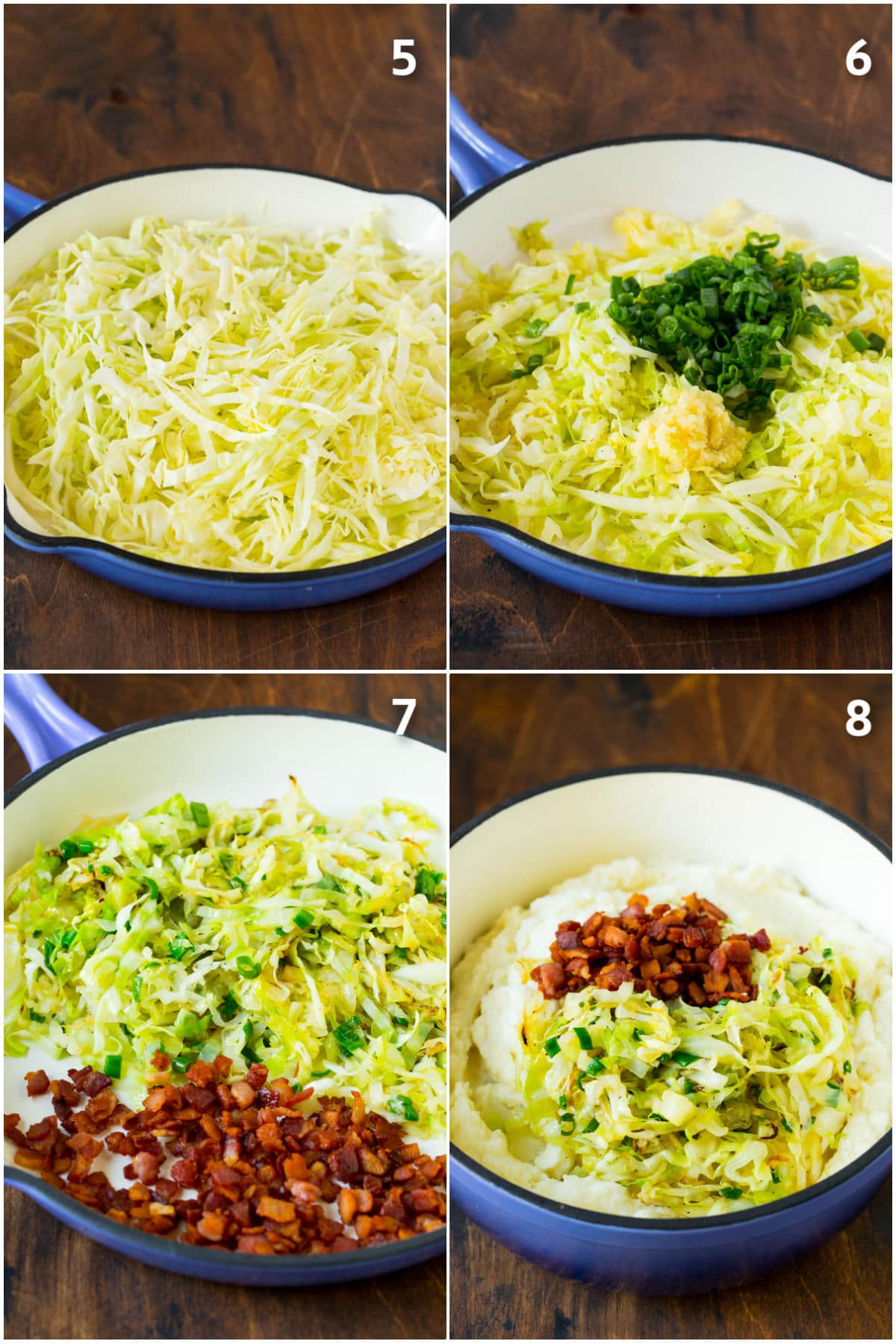 Colcannon Recipe | Mashed Potatoes #potatoes #cabbage #bacon #sidedish #stpatricksday #dinner #sadud Process shots of cabbage being cooked and added to potatoes with bacon.