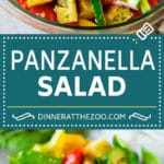 Panzanella salad with toasted bread cubes and colorful vegetables all tossed in a homemade dressing. #salad #sadud