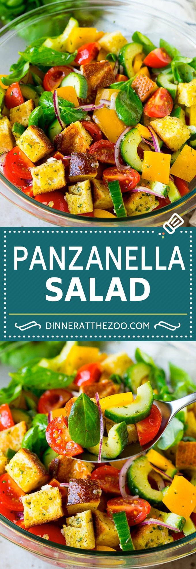 Panzanella salad with toasted bread cubes and colorful vegetables all tossed in a homemade dressing. #salad #sadud