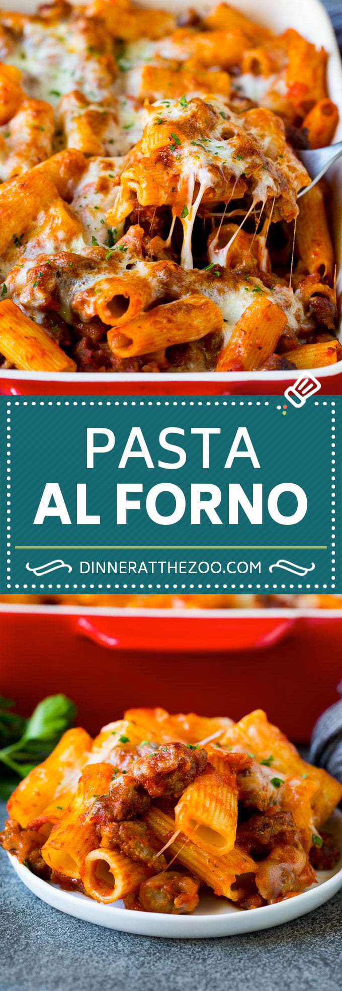 Pasta al Forno is hearty rigatoni noodles tossed in a savory meat sauce then topped with cheese and baked. #pasta #sadud