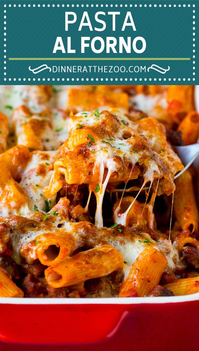 Pasta al Forno is hearty rigatoni noodles tossed in a savory meat sauce then topped with cheese and baked. #pasta #sadud