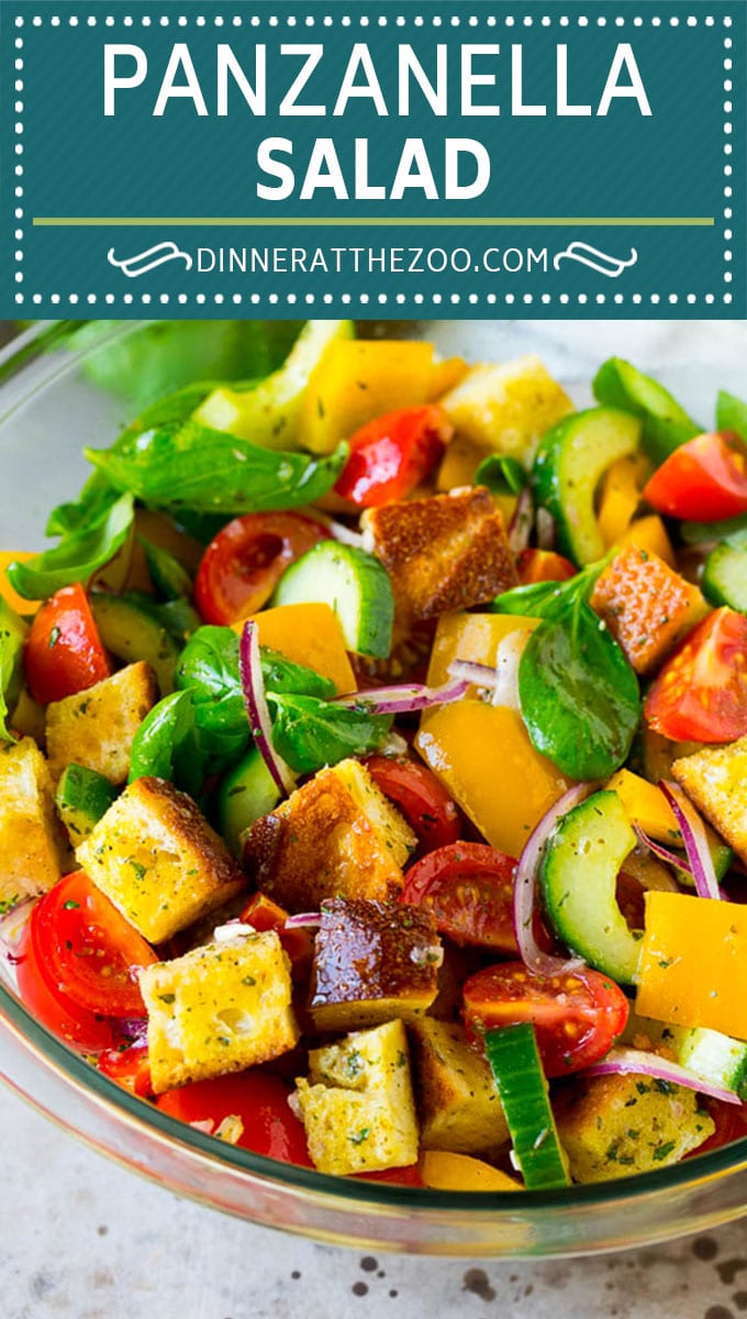 Panzanella salad with toasted bread cubes and colorful vegetables all tossed in a homemade dressing. #salad #sadud