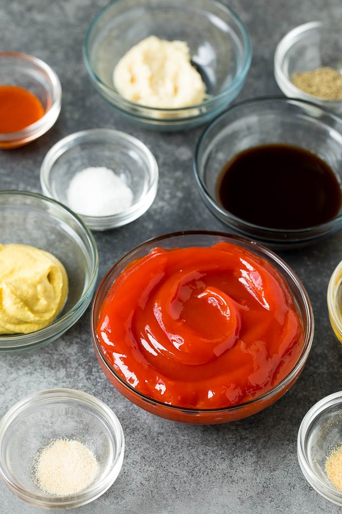 Homemade steak sauce is a savory blend that takes just 5 minutes to make and goes perfectly with beef, chicken and pork. Bowls of ketchup, mustard, horseradish and spices.