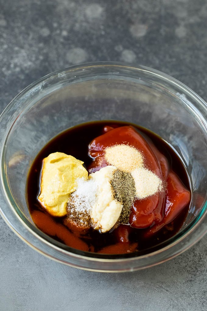 Homemade steak sauce is a savory blend that takes just 5 minutes to make and goes perfectly with beef, chicken and pork. Ketchup, Worcestershire sauce and spices in a bowl.
