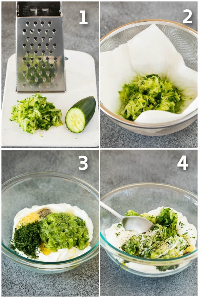 The best homemade tzatziki sauce with cucumber and herbs mixed into Greek yogurt. #appetizer #sadud Process shots including grated cucumber, ingredients in a bowl, and a spoon stirring everything.