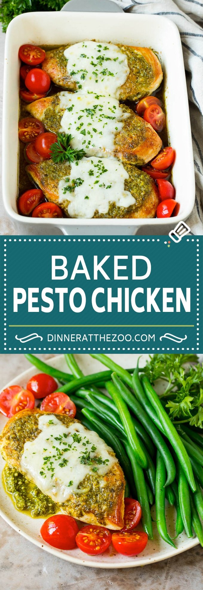 This pesto chicken recipe is seared chicken breasts topped with pesto sauce and mozzarella cheese, then baked to golden brown perfection and served with fresh tomatoes.