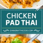This chicken pad thai is rice noodles tossed with tofu, sliced chicken, veggies and egg, all in a savory sauce.