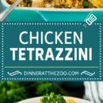 This chicken tetrazzini is spaghetti, mushrooms, peas, chicken and cheese, all tossed together in a homemade creamy sauce.