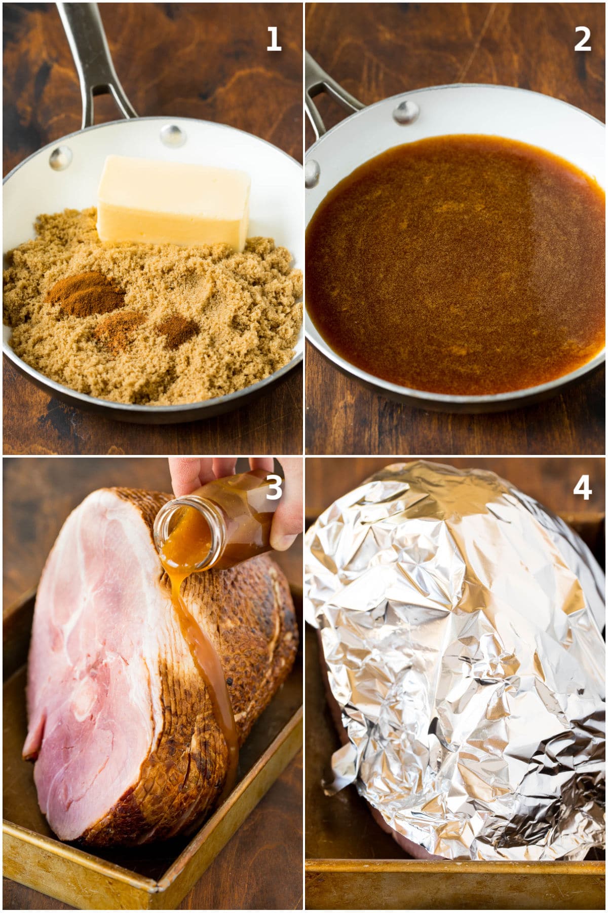 This ham glaze is a combination of butter, brown sugar, pineapple juice and spices, all simmered together until thickened. Process shots of glaze being made and poured over ham.