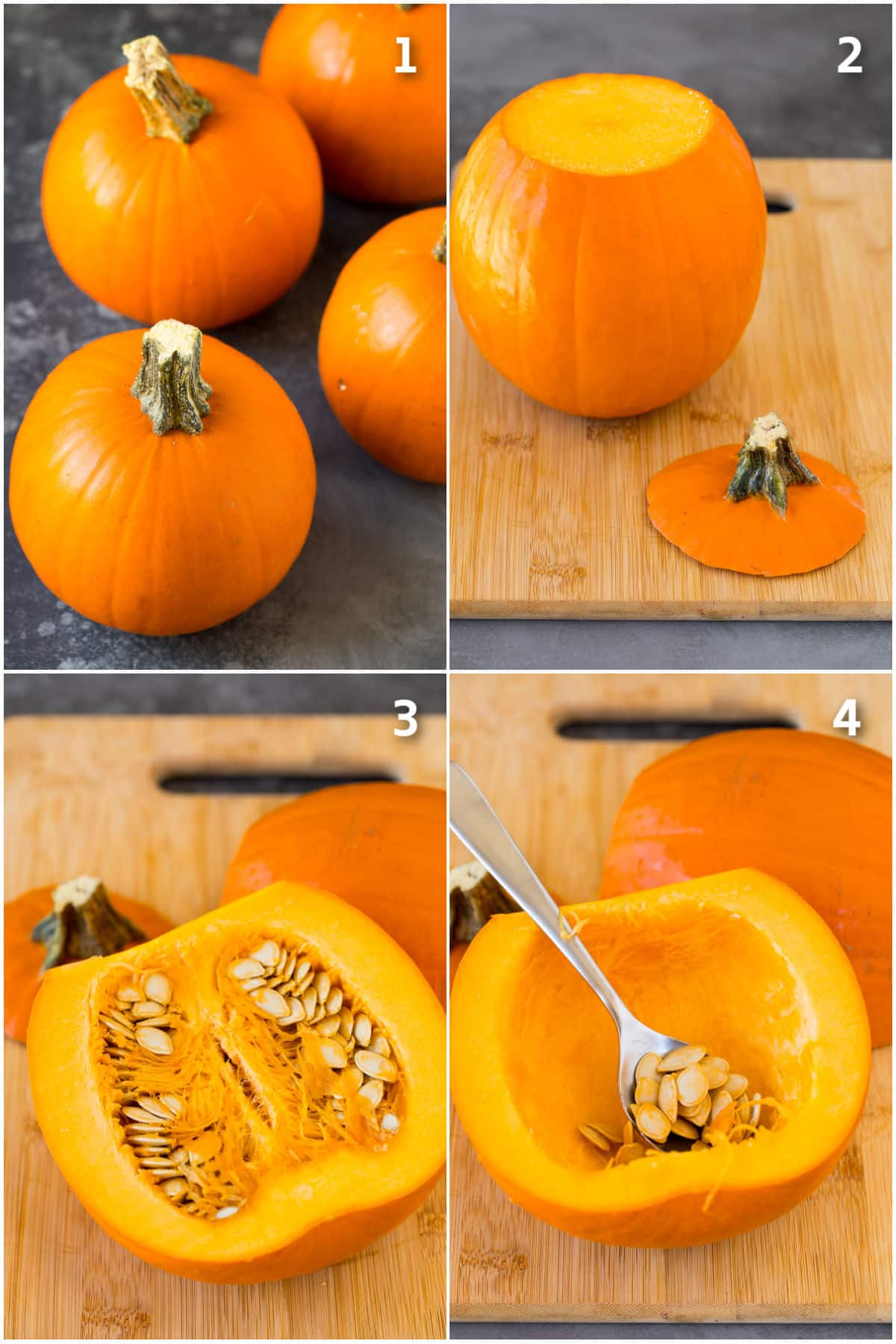 Step by step shots showing how to cut and prepare pumpkin.