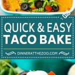 This taco bake is a layer of crushed tortilla chips topped with beans, seasoned ground beef and cheese.