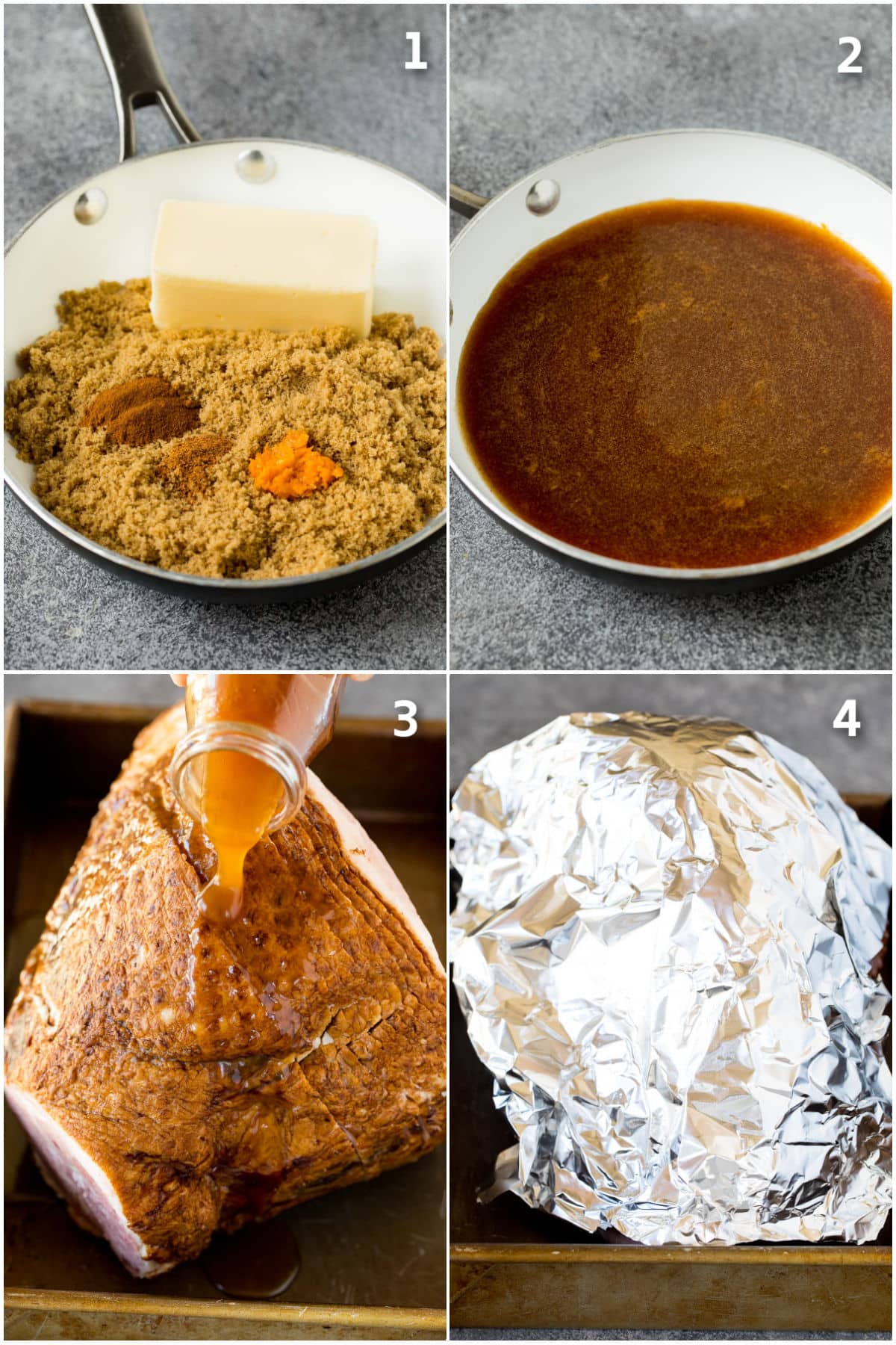 Step by step shots showing how to make ham glaze and bake a ham.