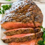 Meat cooked in London broil marinade, then sliced.