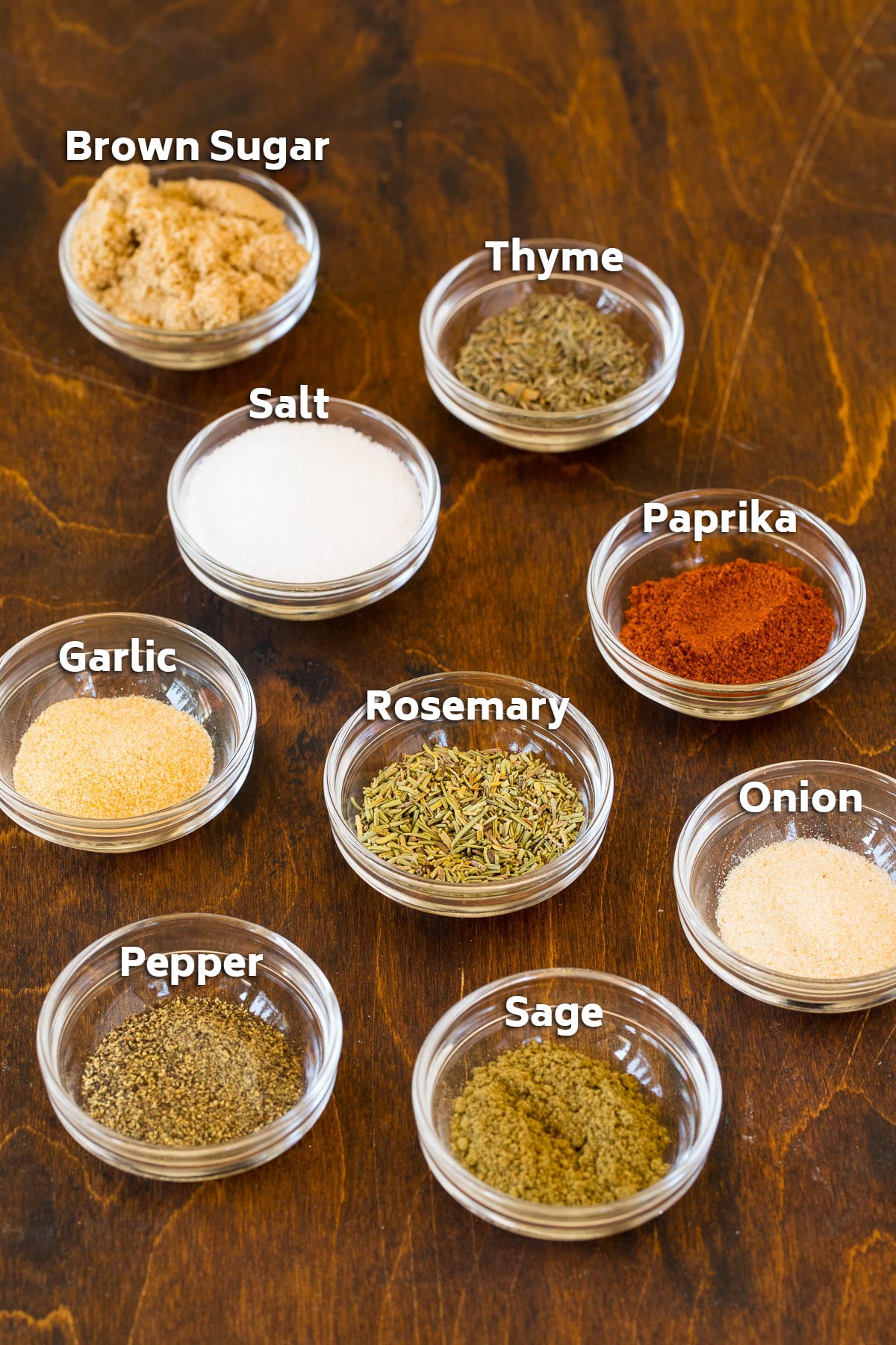 Bowls of salt, sugar, herbs and spices.