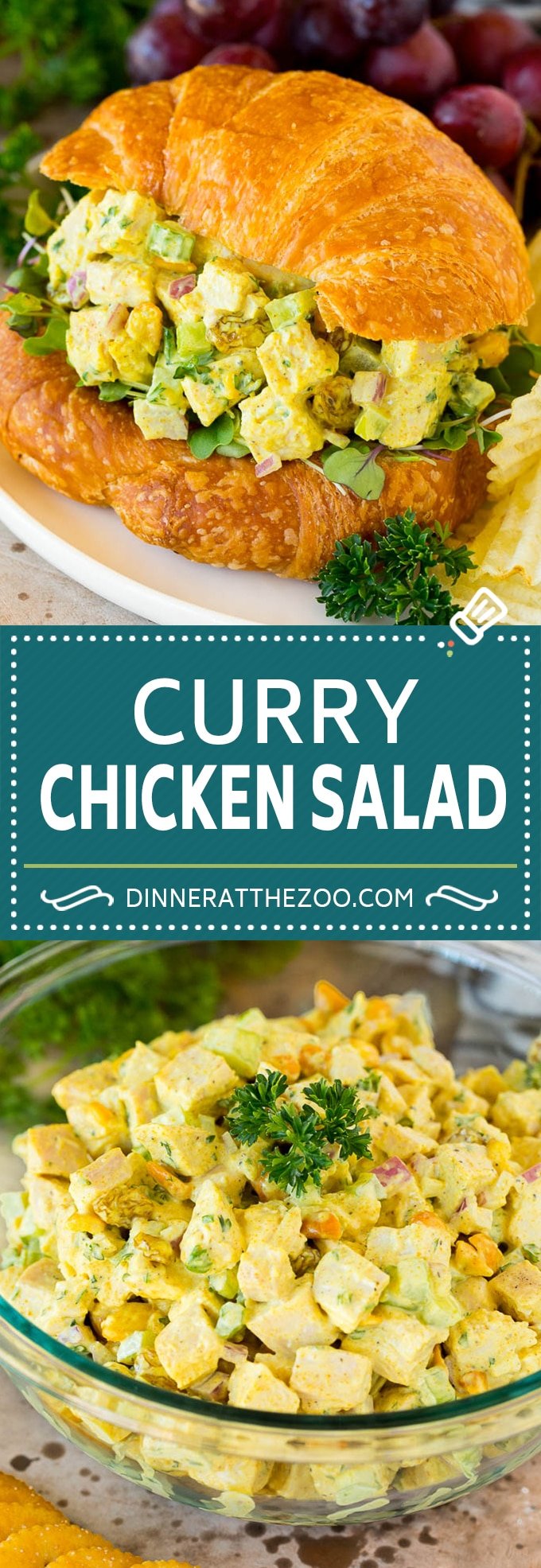 This curry chicken salad is a blend of  diced chicken, fresh veggies, dried fruit and nuts, all tossed together in a creamy spiced dressing.