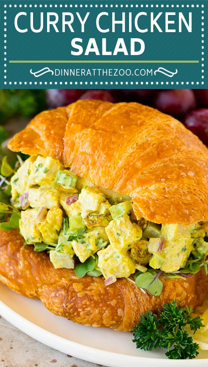 This curry chicken salad is a blend of  diced chicken, fresh veggies, dried fruit and nuts, all tossed together in a creamy spiced dressing.
