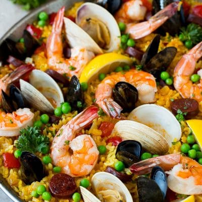 Seafood paella with shrimp, shellfish and sausage.