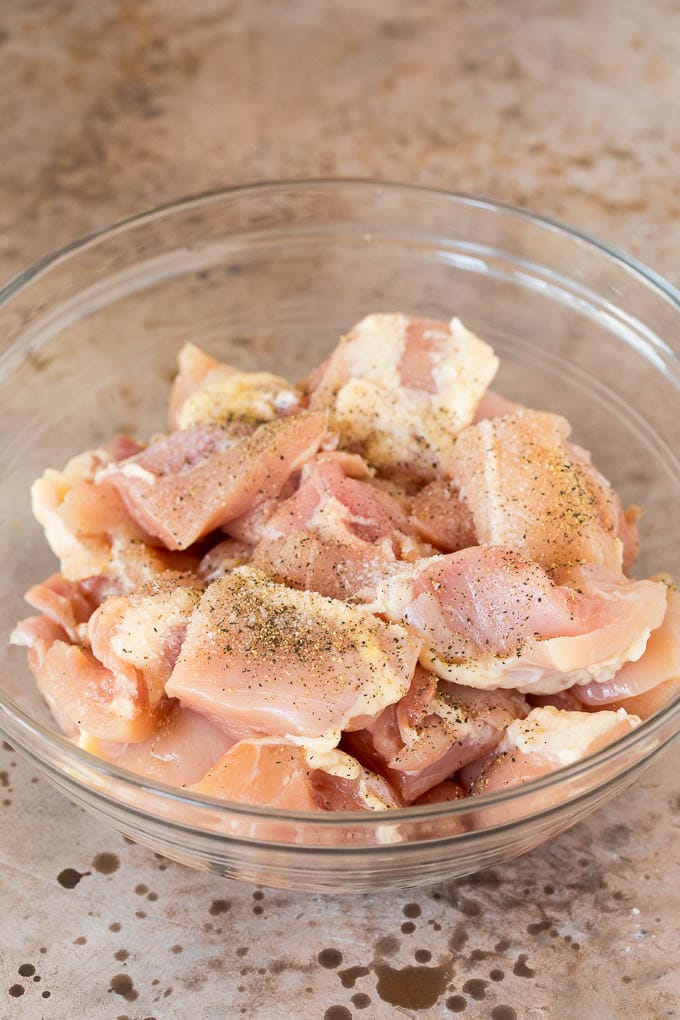 This Instant Pot teriyaki chicken is chicken thighs pressured cooked in a homemade sweet and savory teriyaki sauce. Diced chicken thighs seasoned with salt and pepper.