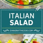This Italian salad is a blend of fresh greens, cucumber, cherry tomatoes, olives, cheese and croutons, all tossed together in a homemade dressing.