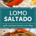This lomo saltado is a classic Peruvian dish of tender beef that's stir fried with tomatoes and onions in a savory sauce, then served with french fries and steamed rice.