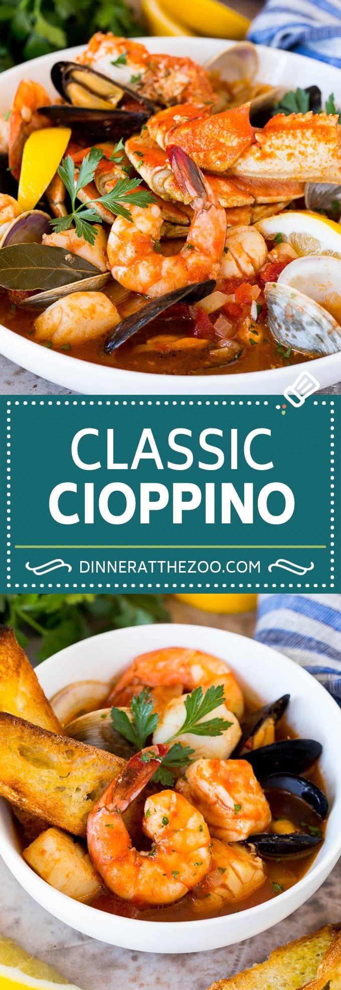 This cioppino is a seafood stew made with fish, crab, shrimp, clams and mussels, all simmered together in a tomato based broth.