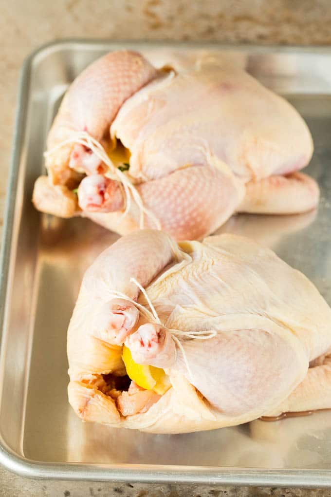 This roasted Cornish hen recipe is an easy and elegant way to make a meal that's quick enough for a busy weeknight, yet fancy enough for a special occasion. Hens on a sheet pan stuffed with lemon and herbs.