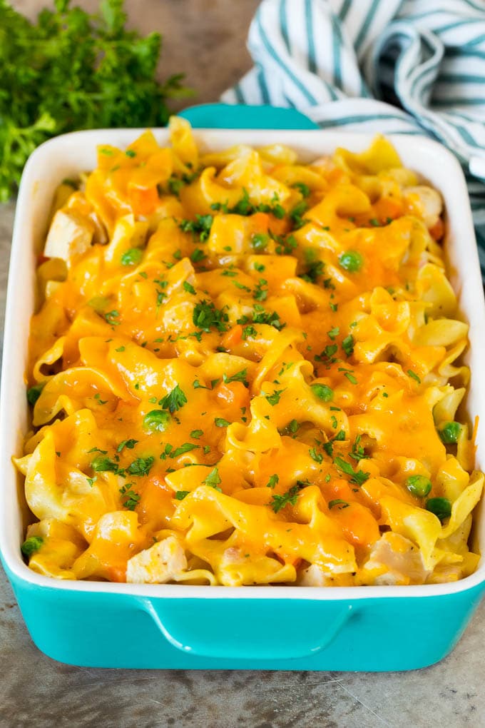 This turkey casserole is made with diced leftover turkey, egg noodles and vegetables, all tossed in a creamy cheesy sauce. A baked casserole with turkey, vegetables and noodles.