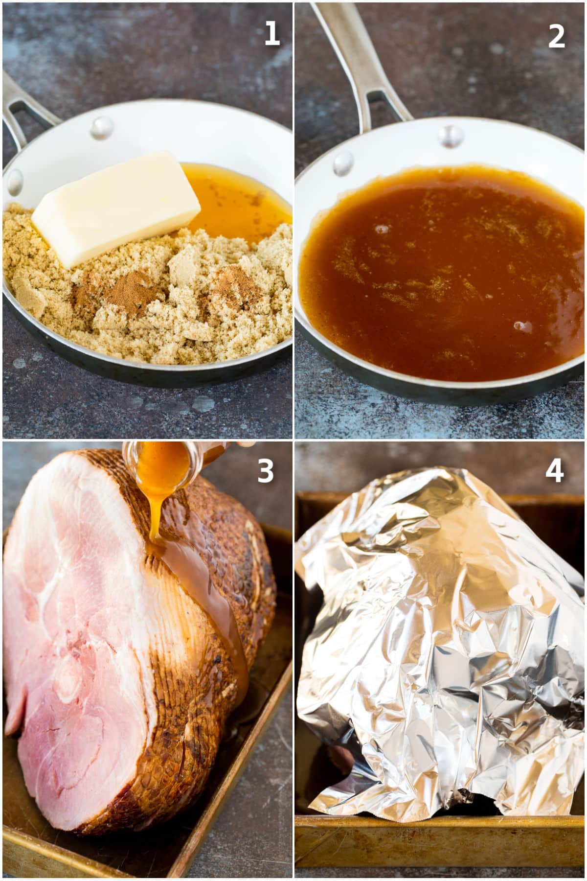 Step by step shots showing how to make glaze and cook spiral cut ham.