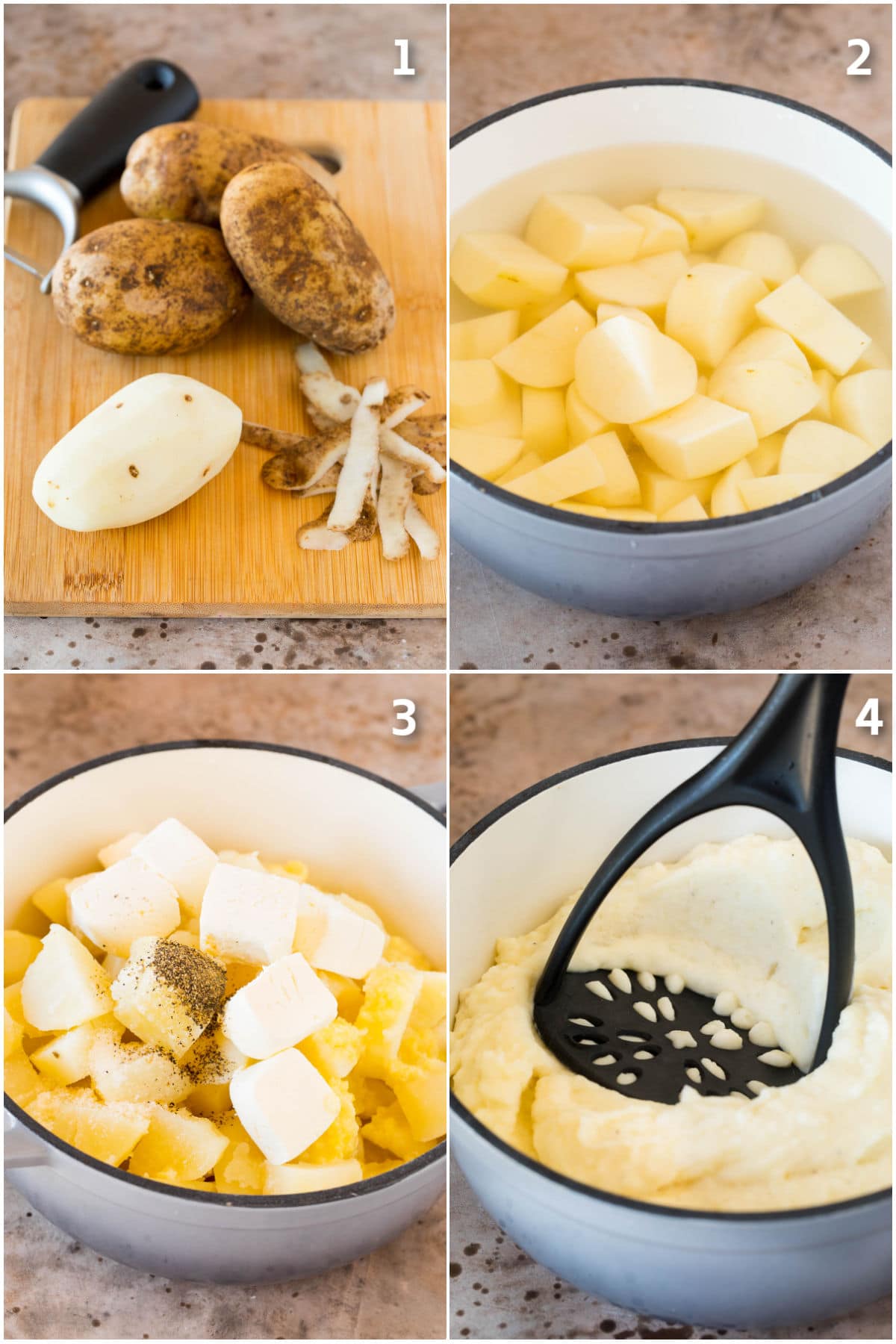 These make ahead mashed potatoes are Russet potatoes that are boiled until tender, then combined with butter, garlic, cream cheese and seasonings to make the ultimate side dish. Step by step shots on how to peel, boil and crush potatoes.