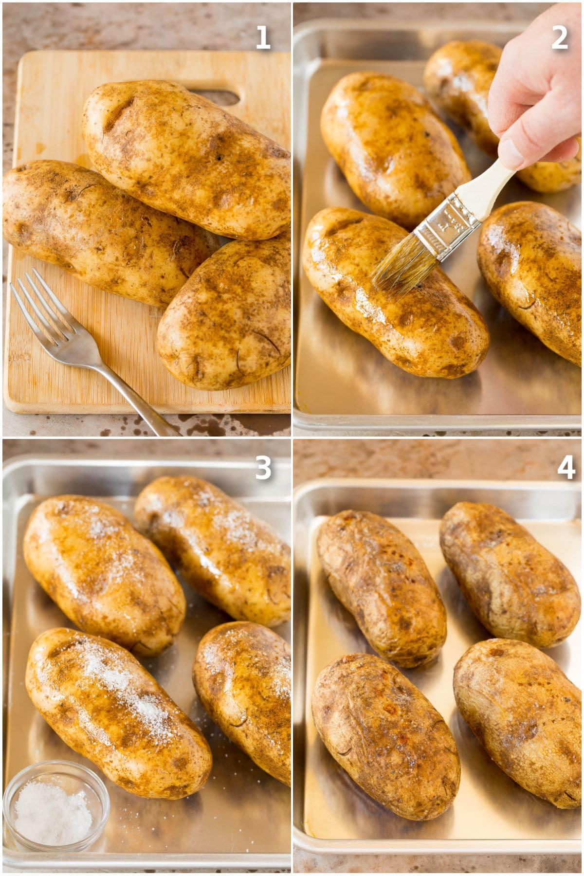Step by step photos on how to make oven baked potatoes.