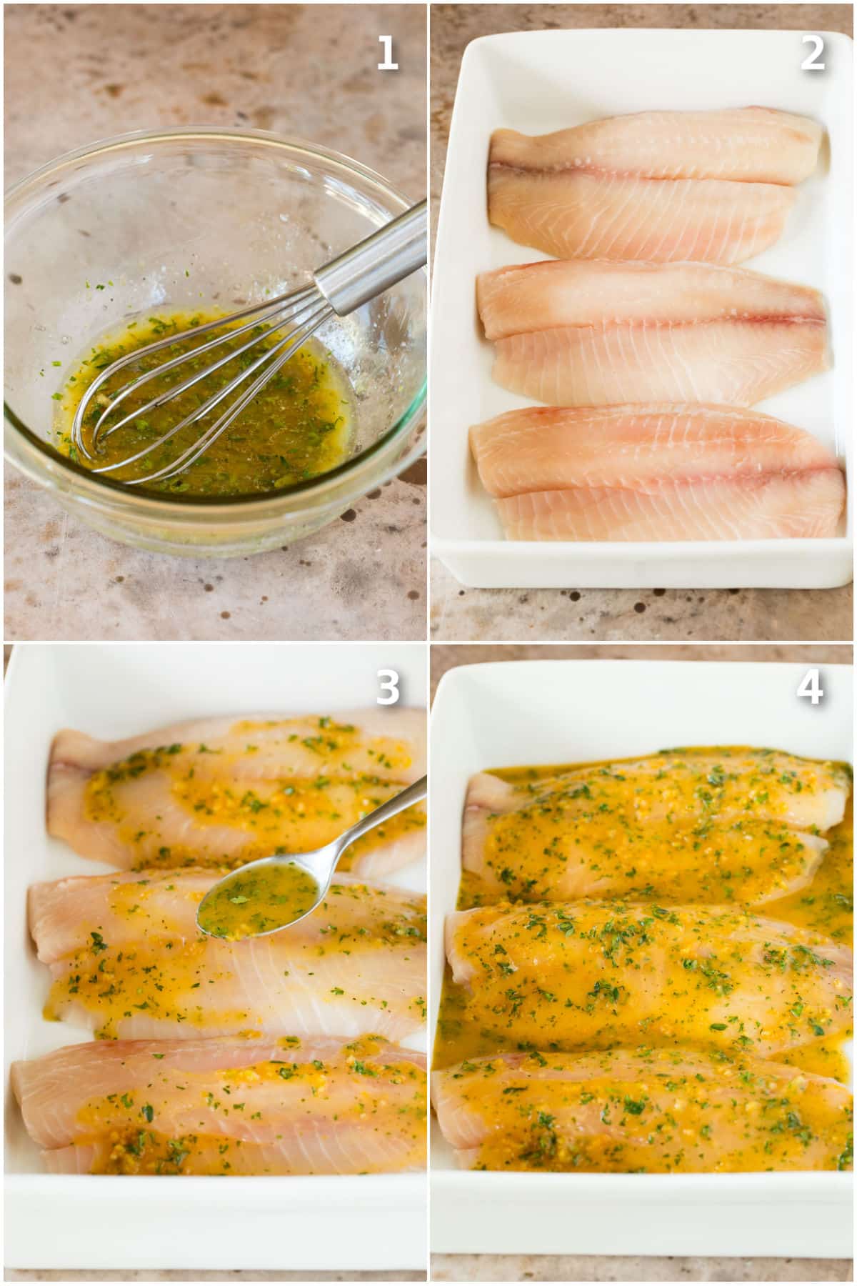 Step by step shots showing how to make sauce and pour it over fish to be baked.