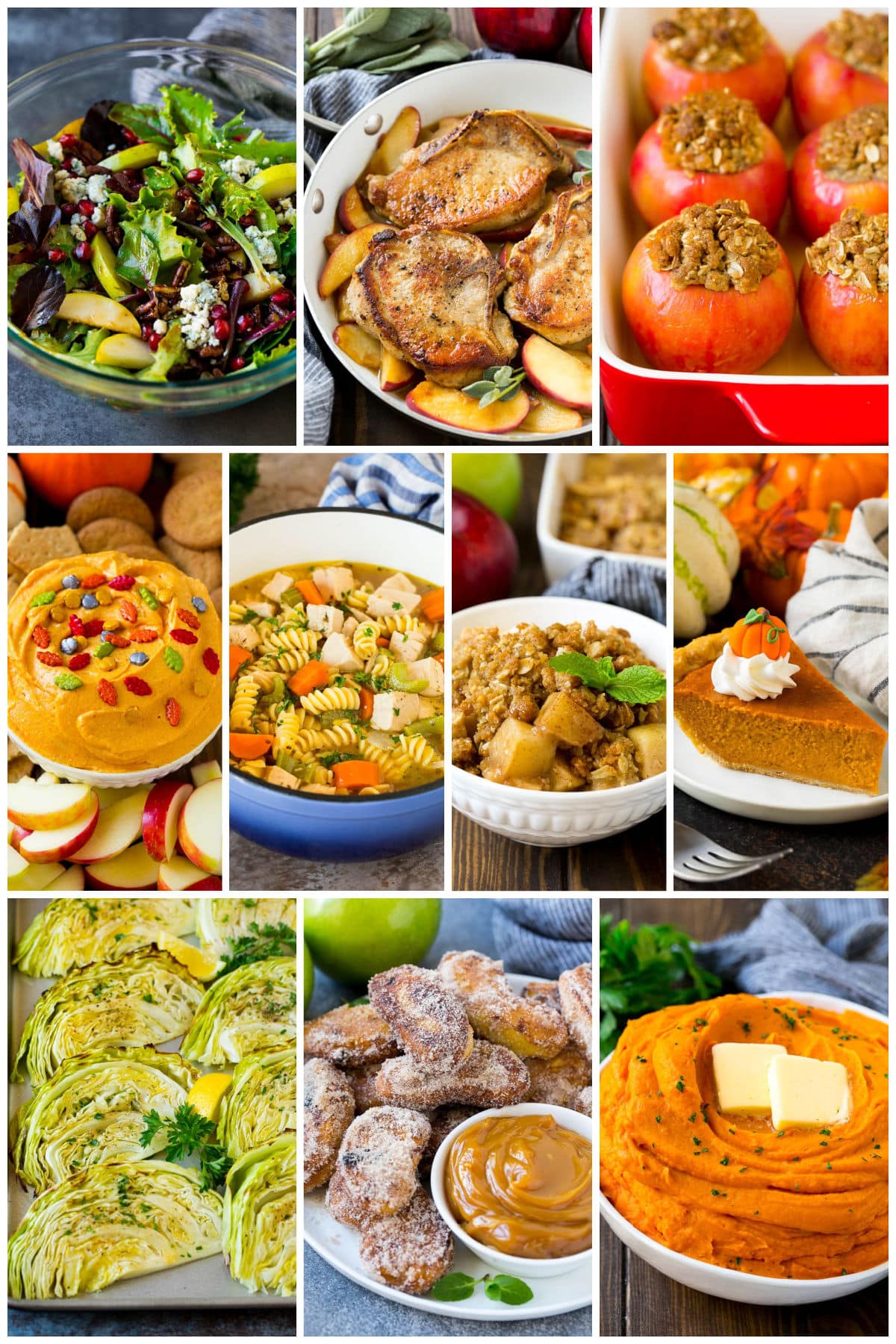 A group of images of fall recipes like pear salad, turkey noodle soup and homemade pumpkin pie.