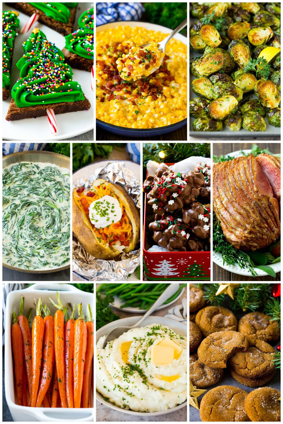 Images of festive recipes like Christmas tree brownies, creamed corn and molasses cookies.