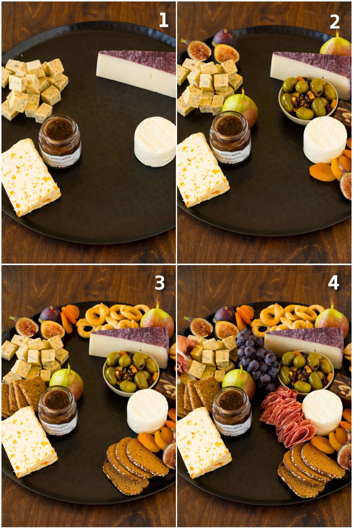 Step by step shots showing how to make a meat and cheese platter.