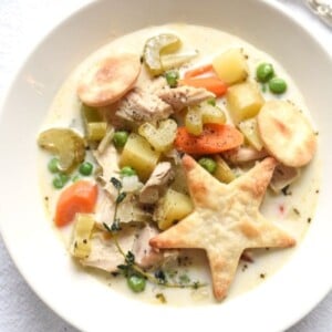 An image of turkey pot pie soup in a bowl.