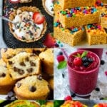 A group of kids breakfast ideas like egg muffins, strawberry waffles and chocolate chip muffins.