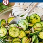 This cucumber dill salad is fresh sliced cucumbers, red onions and plenty of dill, all tossed together in a homemade dressing.